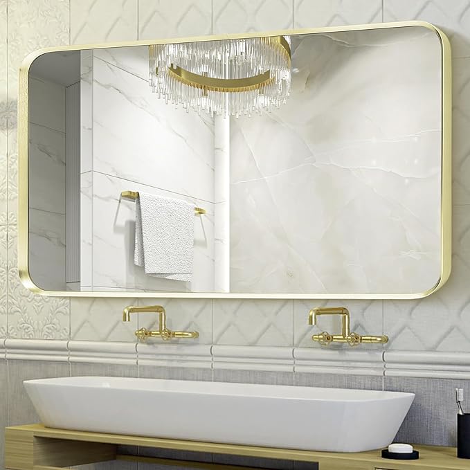 Gold Metal Framed Bathroom Mirror for Wall, Large Brushed Gold Rounded Corner Rectangular Bathroom Vanity Mirror, Anti-Rust, Tempered Glass, Hangs Horizontally or Vertically (30" x 55", Gold)