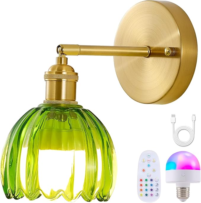 Vintage Battery Operated Wall Sconce 1 Pack, Green Tulip Glass Shade Gold Wall Lamp with 12 Inch Cable Switch, Modern Bathroom Wall Sconces for Bedroom Corner Hallway