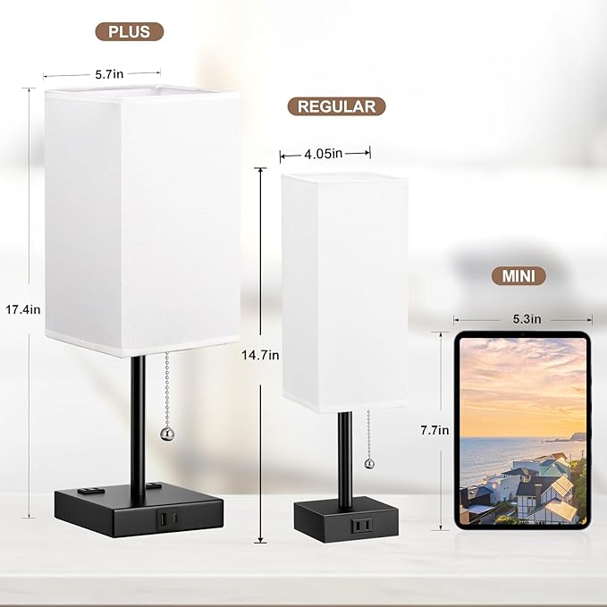 17.4In Tall Table Lamps for Bedroom Set of 2 - 3 Color Bedside Lamps with AC Outlets and USB Ports for Charging, white and Black Square Night Stand light, End DeskLamp for Living Room/Dorm/Office
