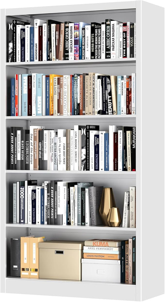 Book Shelf,5 Tier Metal Bookshelfs,66" Tall Free Standing Bookcase with Adjustable Storage Shelves, Large Bearing Bookcase for Bedroom Living Room Home Office,White Bookshelf