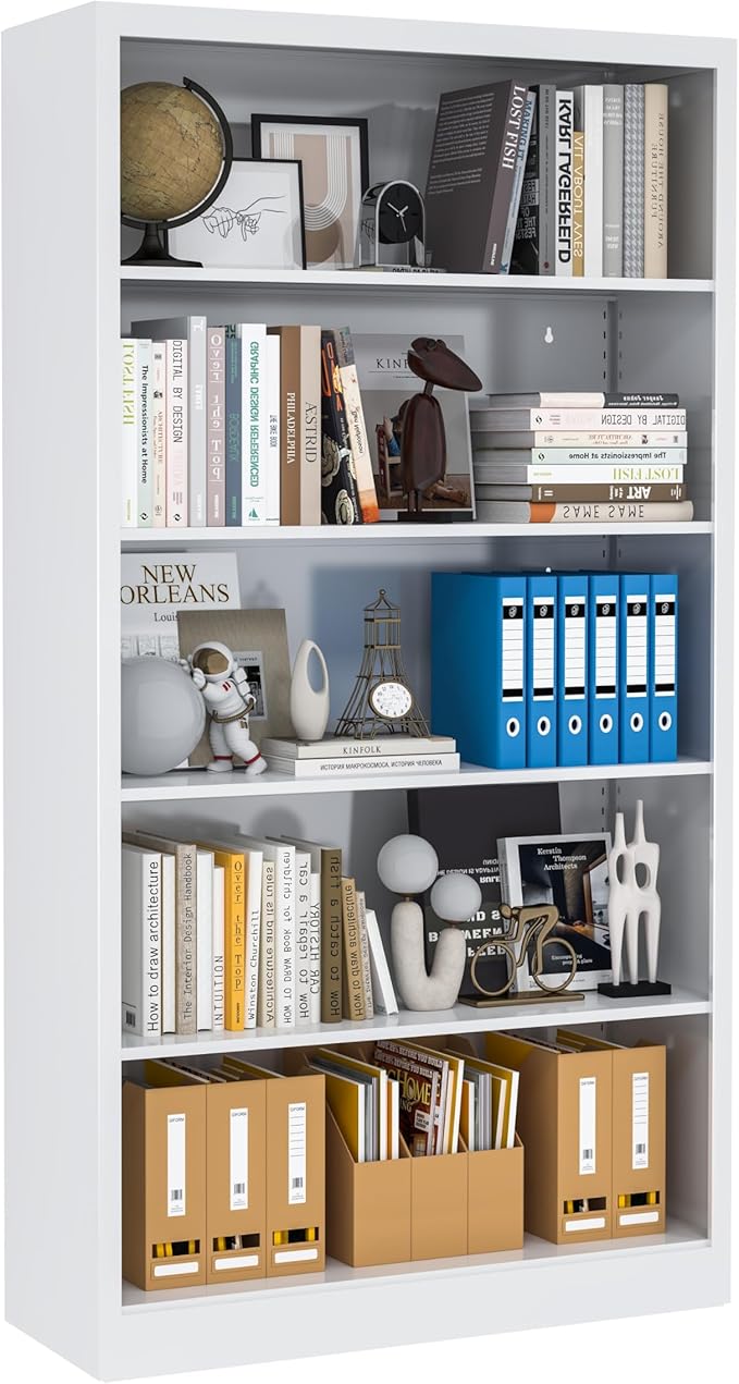 Book Shelf Organizer, Metal Bookshelves Adjustable, 5 Tier White Bookcase, Heavy Duty Open Bookshelf for Office, Living Room, Library, Bedroom, 55" Tall