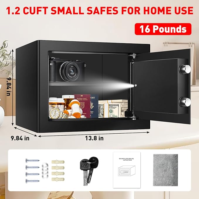 1.2 Cub Small Fireproof Safe for Home, Personal Fire Safe Box with Digital Keypad Key and Removable Shelf, Small Security Box for Money Firearm Medicine Valuables