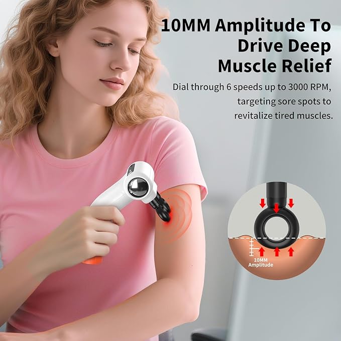 Dual-Head Massage Gun Deep Tissue with 3-in-1 Detachable Extension Handle, Handheld Percussion Back Massager for Muscle Neck Shoulder Body Pain Relief - 6 Speeds Levels (White)