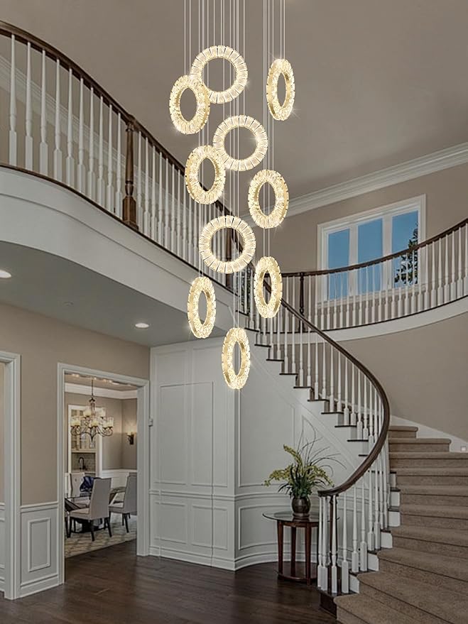 10 Rings High Ceiling Chandelier,Gold Rings Chandeliers,Staircase Chandelier with Remote,Foyer Chandeliers Entryway High Ceilings