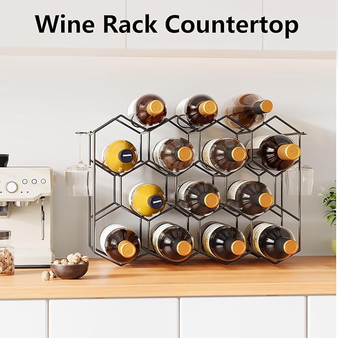Urban Deco Countertop Wine Rack for 14 Bottles - No Assembly Required Modern Wine Bottle Holder Stand for Cabinet, Kitchen, Bar, Pantry - Black Wire Wine Rack Inserts