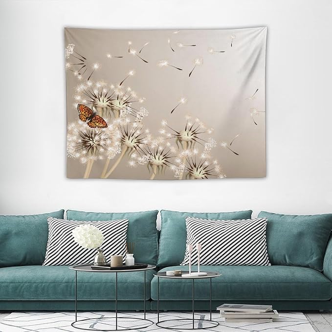Nature Tapestry,Floral Dandelion Flying Butterfly Flower Plant Theme Print Tapestries for Living Room Party Beach Picnic Blankets Tablecloths Wall Decor, 30x40 in