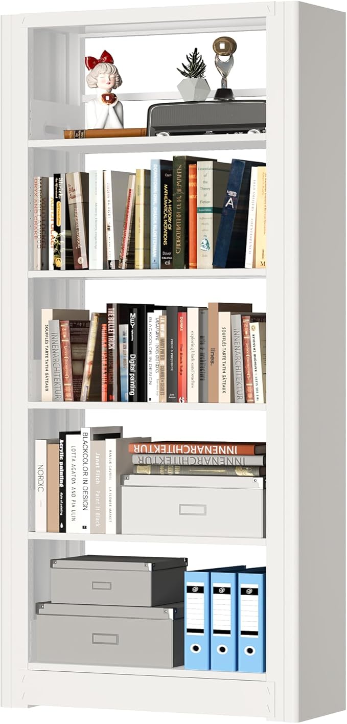 Book Shelf,5-Tier White Bookshelf, Office Bookcases and Bookshelfs,Tall Metal Storage Organizer,Freestanding Bookshelf for Library,Living Room,Home Office (W:23.6")