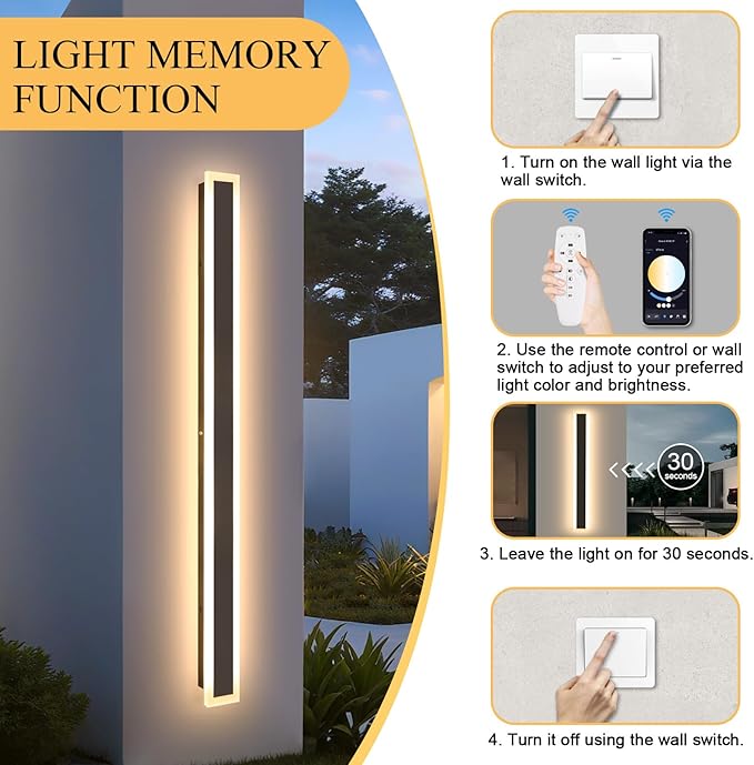 Long Outdoor Wall Light, 47 Inch 2pcs Exterior Wall Sconce 3000K-6000K Dimmable IP65 Waterproof LED Modern Exterior Sconce Black Wall Lighting for House Front Door Porch Garage