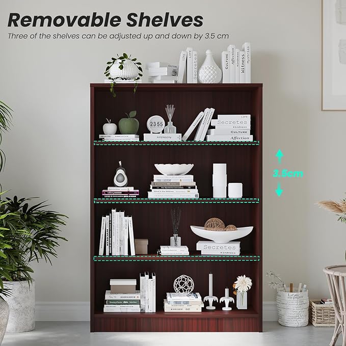 Farini 4 Shelf boockase Display Bookcase Freestanding Wooden Bookshelfs for Home Office Living Room,48 Inch Height,Mahogany