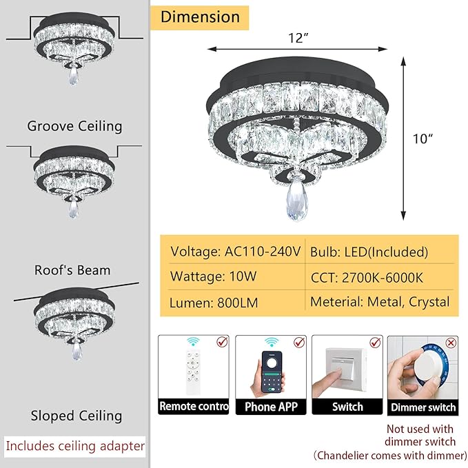 12'' Modern Crystal Chandelier LED Dimmable Flush Mount Ceiling Light Pendant Light for Hallway Living Room Bedroom Dining Room Foyer Black