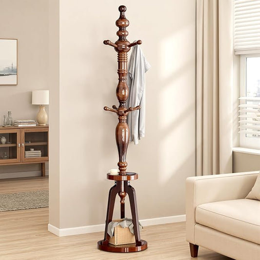 Coat Rack with 8 Hooks, Hall Tree Freestanding with Tray, Wood Coat Tree Heavy Duty with Round Base, Standing Coat Rack, Load Capacity 220 lb, Coat Hanger Stand for Entryway Hallway Office (0202-HTS)
