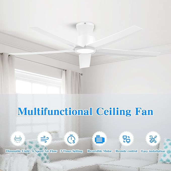 ocioc 52 Inch Ceiling Fans with Lights, Large Air Volume Ceiling Fan with Backlight, Ultra Quiet Reversible DC Motor with Remote（White）