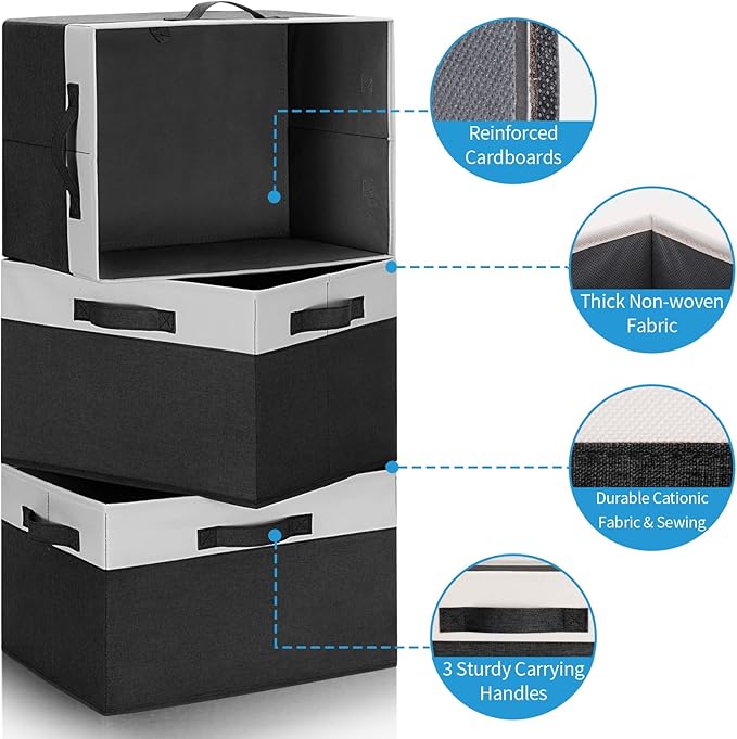 GhvyenntteS Large Storage Baskets for Shelves 3 Pack, Collapsible Fabric Storage Bins with 3 Handles, Decorative Closet Organizers and Storage bins for Clothes Blanket Beddings (Black, 15"x11"x9.6")