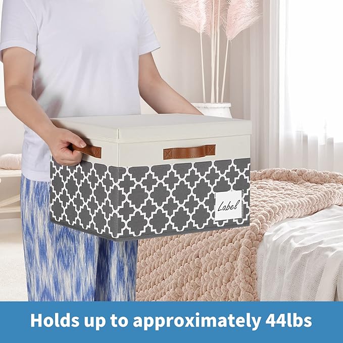 GhvyenntteS Large Fabric Storage Bins with Lids (6 Pack), Foldable Decorative Storage Boxes with Lids and 3 Handles, Sturdy Storage Baskets with Label Window for Home Office (White&amp;Lattice Gray)