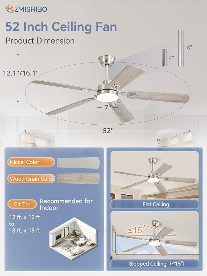 ZMISHIBO 52" Ceiling Fans with Lights, Nickel Modern Ceiling Fan with Remote, Bedroom Indoor Ceiling Fan with Dual Finish Blades, Quiet & Strong Motor, Bright LED Light.