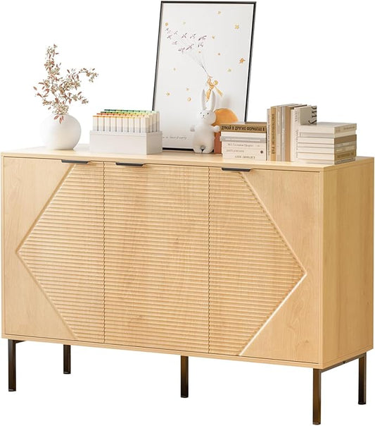 Long Buffet Side board Cabinet,45.98" Large Office Coffee Bars Station,Extra Wide Farmhouse Accent Cabinets with 3 Doors and Shelves,Fluted Entryway Cabinet TV Consoles for living room,Hallyway