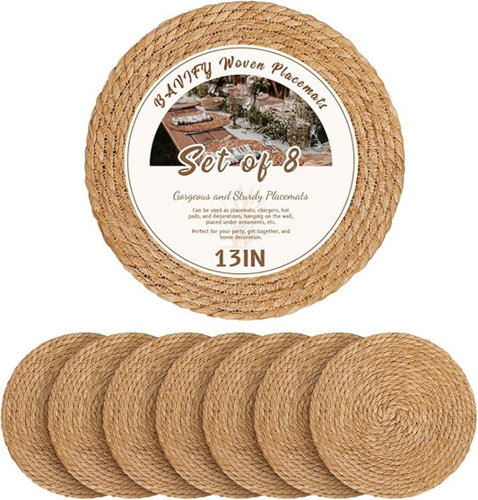 13 in Round Woven Boho Placemats Set of 8, Wicker Rattan Place Mats Chargers for Dinner Plates, Farmhouse Rustic Table Mats for Dining Table Decor