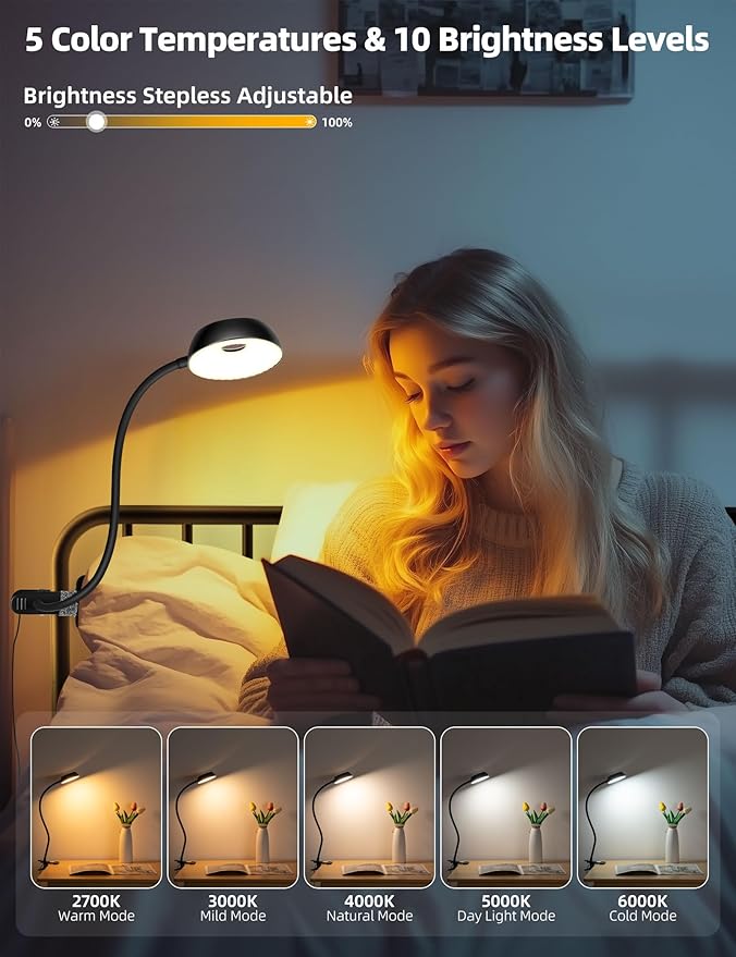 【Clip on Lamp】 10-Level Dimming & 5 Color Modes LED Book Light, Flexible Gooseneck Reading Light for Beds, Desks, Headboards - Eye-Friendly Night Light for Kids/Adults (Black)