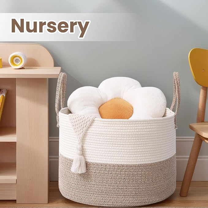 Woven Blanket Basket,65L Large Rope Storage Bin with Handles, Organizer for Blankets Toys Book and Clothes, Laundry Basket for Living Room Bedroom Nursery,White&amp;Brown