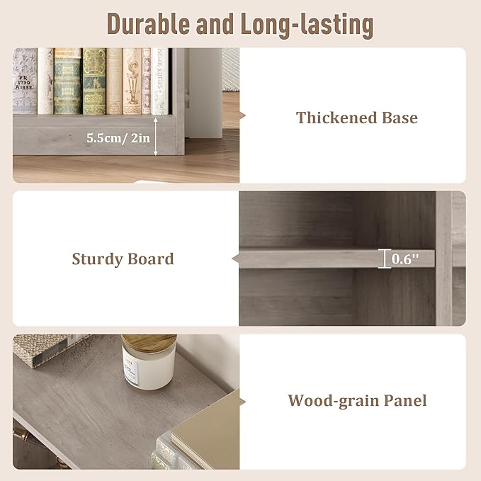 Bookshelf and Bookcase, 6-Tier Double Wide Bookshelfs, Freestanding Display Storage Shelves, Tall Bookcases for Home Decor Bedroom, Living Room, Home Office, Wash Gray