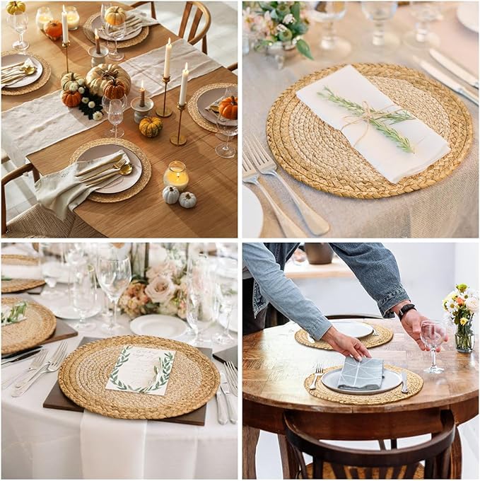 13 in Round Woven Placemats Plate Chargers Set of 12, Boho Farmhouse Rustic Place Mats for Dining Table Decor, Rattan Wicker Table Mats Braided Chargers for Dinner Plates