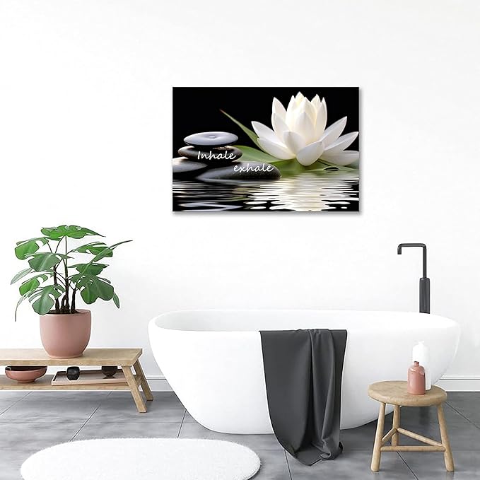 Zen Wall Art Inhale Exhale Canvas Prints Lotus Bloom in Water with Spa Stone Pictures for Zen Office Wall Decor Modern Spiritual Framed Artwork Poster (12x16inches)