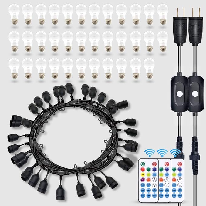 96FT Solar Outdoor String Lights, 30 Shatterproof Edison Bulbs, Dimmable Color Changing RGB LED Patio Lights with 2 Remote Controllers. Perfect for Backyard Decorative Lighting