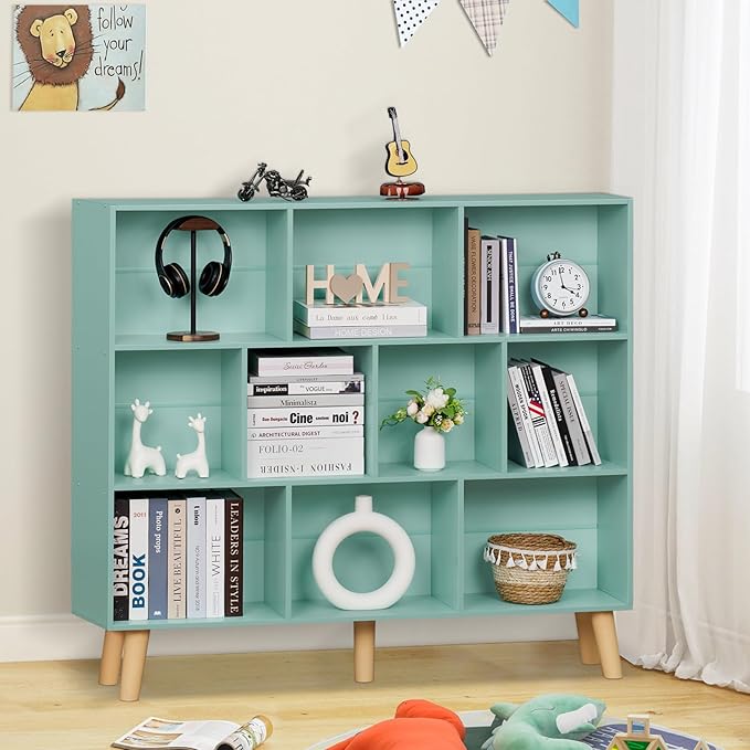 LEYAOYAO 10 Cube Bookshelf,3 Tier Modern Wide Bookcase with Legs,Mid-Century Wood Bookshelfs Storage,Mint-Green Large Book Case,Freestanding Organizer Display Shelf for Bedroom,Living Room,Office