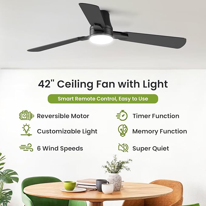 Ceiling Fans with Lights and Remote: 42 Inch Modern Black Ceiling Fan, Low Profile Flush Mount, Quiet Reversible DC Motor & 3CCT Dimmable LED for Bedroom Living Room Kitchen Indoor Outdoor