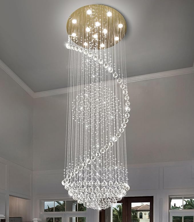 98'' Crystal Chandelier High Ceiling Chandeliers for Staircaes Large Raindrop Chandeliers LED Dimmable Flush Mount Light Fixtures for Foyer Hallway Entryway LED Bulbs Included Gold