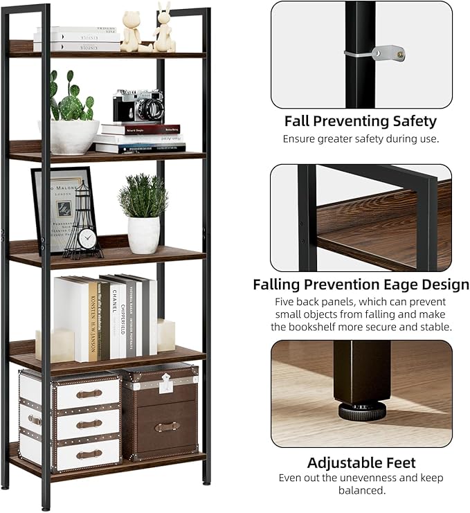 NUMENN Bookshelf, 5 Tier Bookshelfs, Home Office Bookcase Shelf Storage Organizer, Free Standing Storage Shelving Unit for Bedroom, Living Room and Home Office, Dark Walnut