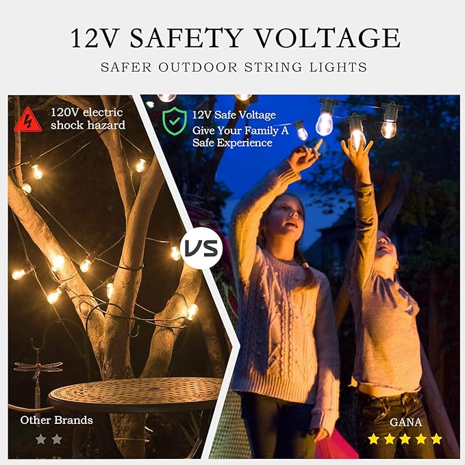 GANA 12V Low Voltage & Safe LED Outdoor String Lights,75FT 24 Shatterproof Bulbs, 2200K Warm White Pergola Lights for Your House's, Garden, Fence, Porch,Balcony,and Bistro