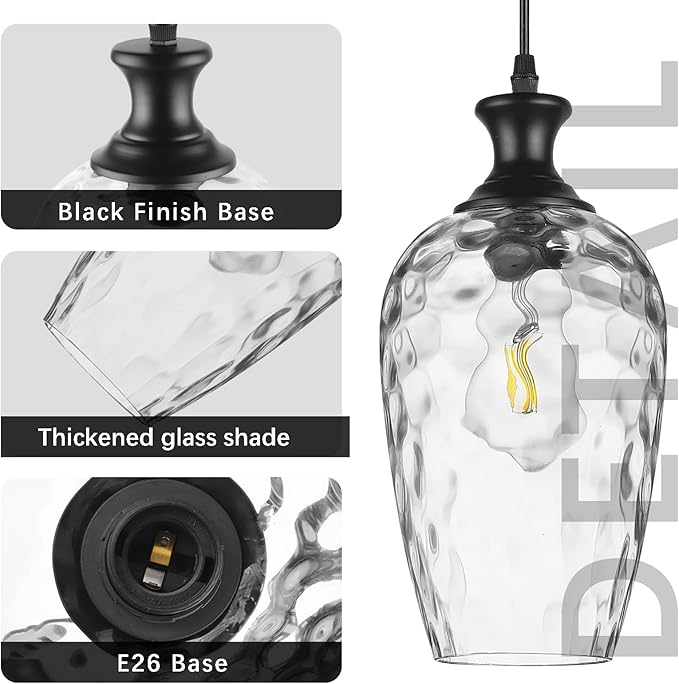 Glass Pendant Lights Kitchen Island 2 Pack, 1-Light Black Pendant Light Fixtures with Hand-Blown Clear Glass, Farmhouse Modern Hanging Light for Kitchen Sink Dining Room Bedroom