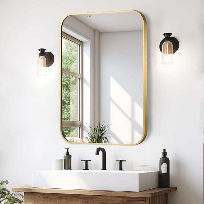Brushed Gold Mirror, 26"x38" Rectangle Bathroom Mirror, Metal Frame Rectangle Corner Vanity Mirror, Wall Mounted Mirror for Modern, Living Room, Bedroom, Horizontal Or Vertical