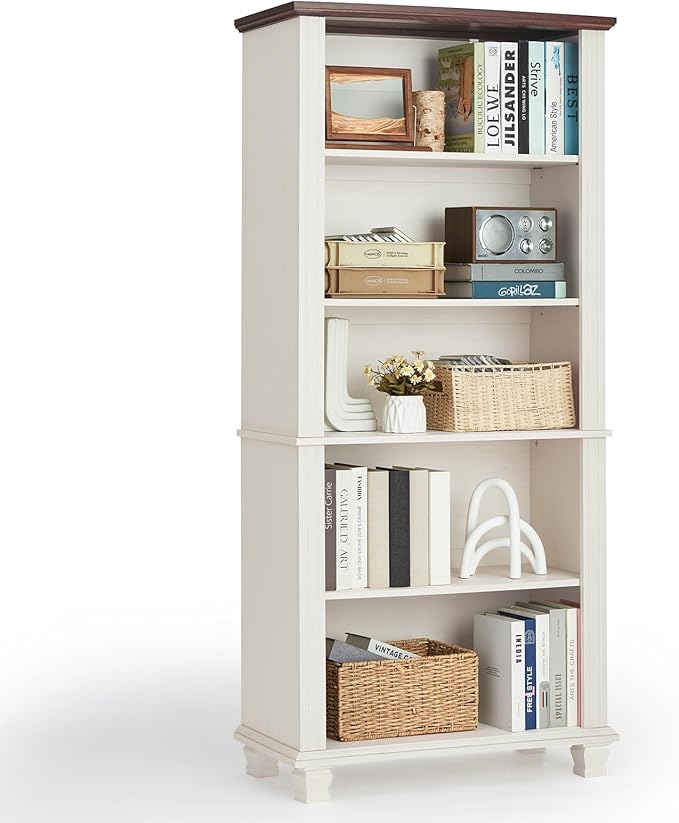 70" Tall White Bookshelf,5 Tier Wood Book Shelf with Adjustable Shelves &amp; Wood Legs,Free Standing Farmhouse Bookcase with Open Display Storage,Vintage Kids Bookshelfs for Nursery,Bedroom