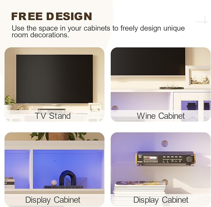 MEISSALIVVE 4-Piece Wall Unit TV Stand with Storage & LED Lights for TVs up to 75", Modern Entertainment Center with Bookshelves & 8-Door Pantry Cabinet, White