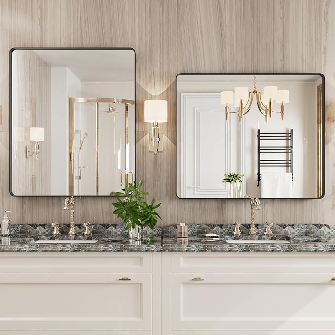 Black Bathroom Mirror 30X36 Inch, Black Metal Framed Mirror for Wall, Rounded Rectangle Matte Bathroom Vanity Mirror with Tempered Glass, Anti-Rust, Horizontal/Vertical