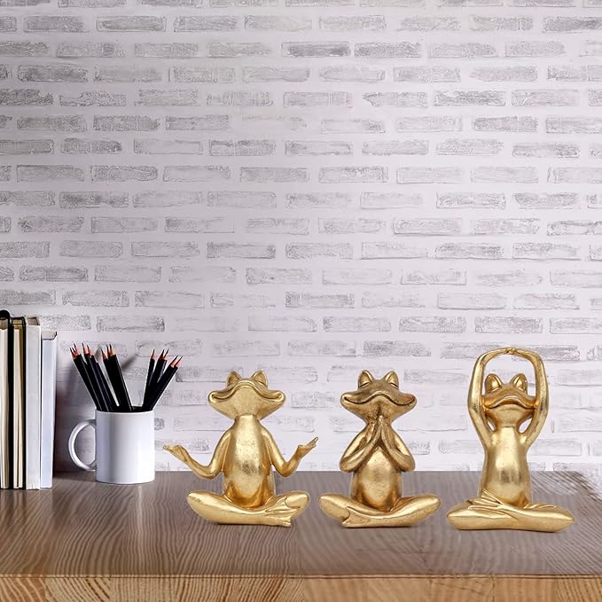 Gold Frog Figurines Yoga Decor 3.7In Set of 3 –Frog Yoga Statues for Modern Living Room Desk Table Home Office Bookshelf Shelves Sculptures Decor,Gifts for Mom Women