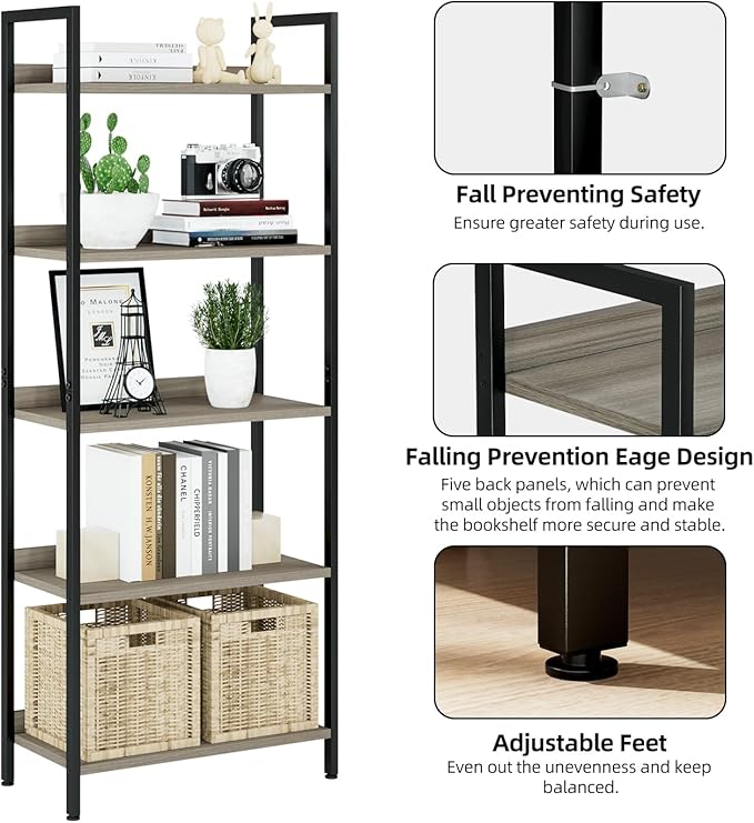 NUMENN Bookshelf, 5 Tier Bookshelfs, Home Office Bookcase Shelf Storage Organizer, Free Standing Storage Shelving Unit for Bedroom, Living Room and Home Office, Gray