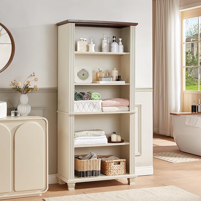 70" Tall White Bookshelf,5 Tier Wood Book Shelf with Adjustable Shelves &amp; Wood Legs,Free Standing Farmhouse Bookcase with Open Display Storage,Vintage Kids Bookshelfs for Nursery,Bedroom