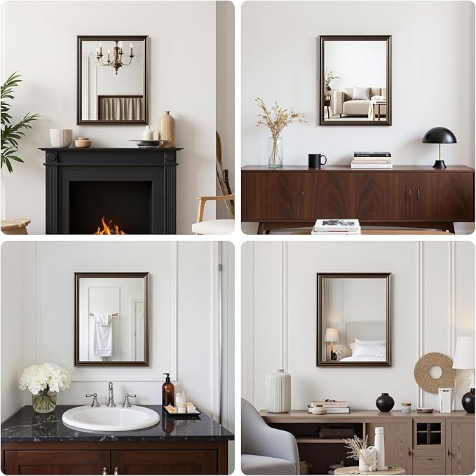 Retro Copper Effect Framed Wall Mirror, 24x36 Rectangle Mirror, 1/8"Anti-desilvering Tempered Glass, Sustainable&amp;Sturdy Frame, Anti-Rust, HD Reflection &amp;3min Fast Setup for Bathroom Living Room