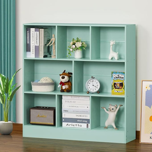 LEYAOYAO 8 Cube Bookshelf with Base,3 Tier Modern Mint-Green Kids Bookcase,Standing Wide Bookshelfs Storage Organizer Toy Shelf,Wood Display Children's Book Shelves for Bedroom,Living Room,Nursery