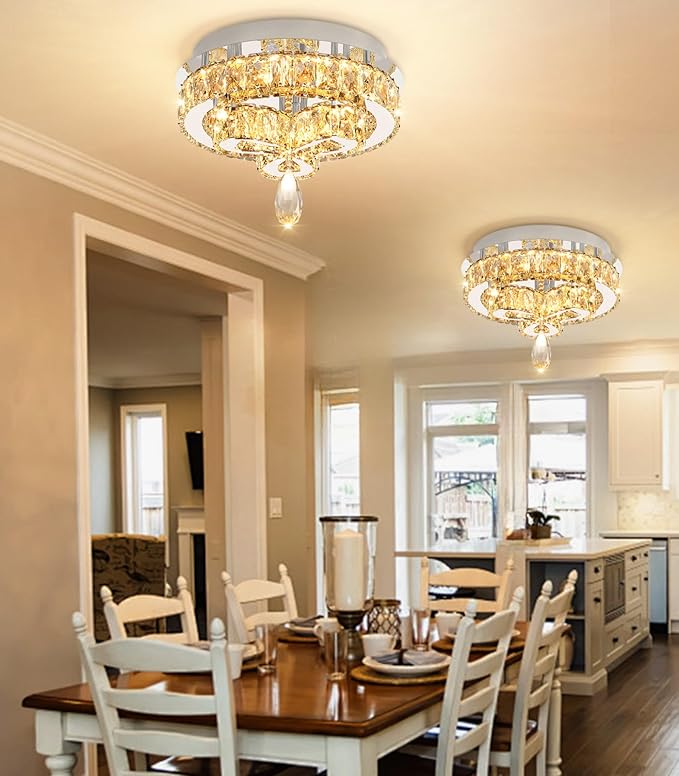 12'' Modern Crystal Chandelier LED Dimmable Flush Mount Ceiling Light Pendant Light for Hallway Living Room Bedroom Dining Room Foyer Silver