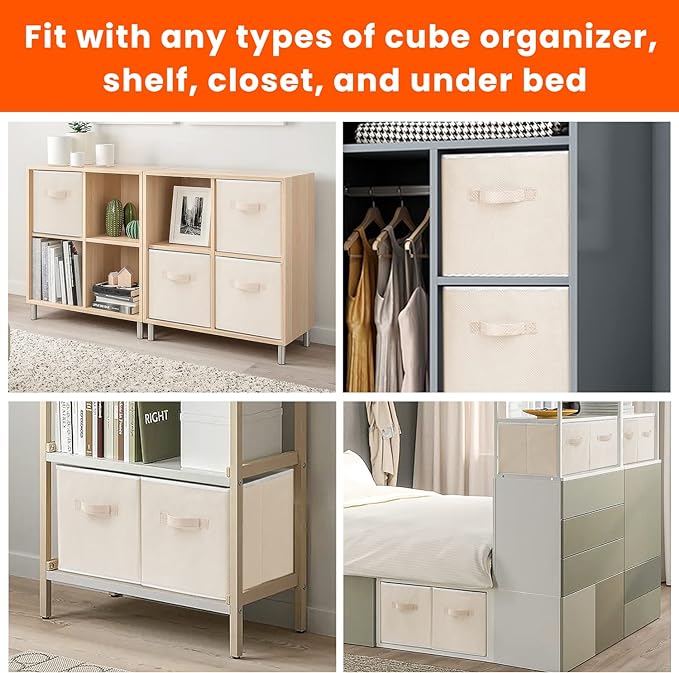 Criusia Storage Cubes - 11 Inch Heavy Duty Fabric Storage Bins for Shelves Closet Cube Organizer - 8 Pack Collapsible Cube Storage Bins Baskets for Clothes Blankets Toys - Nursery Organization (Beige)