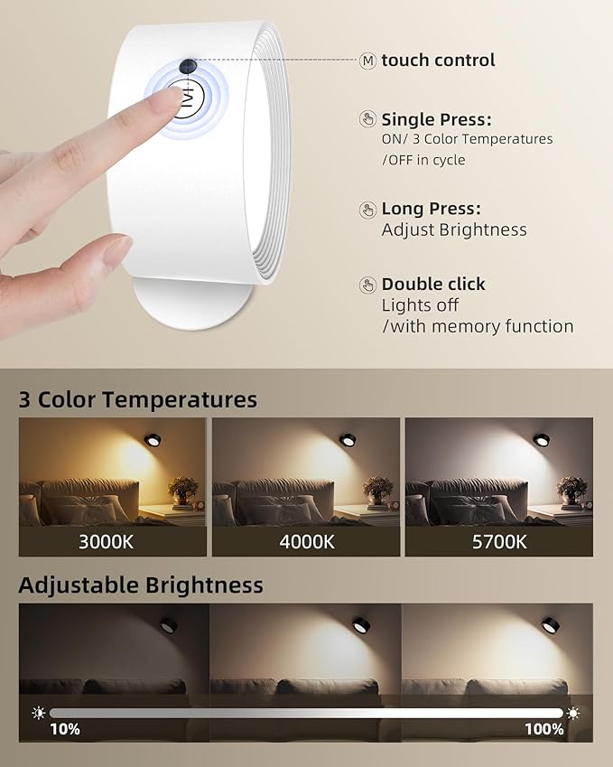 LED Wall Mounted Lights, Rechargeable Wall Sconces with Remote & Touch Control, 3 Color Temperatures 360° Rotation Dimmable Cordless Wall Light for Bedroom Study Reading Bedside (White, 3 Pack)