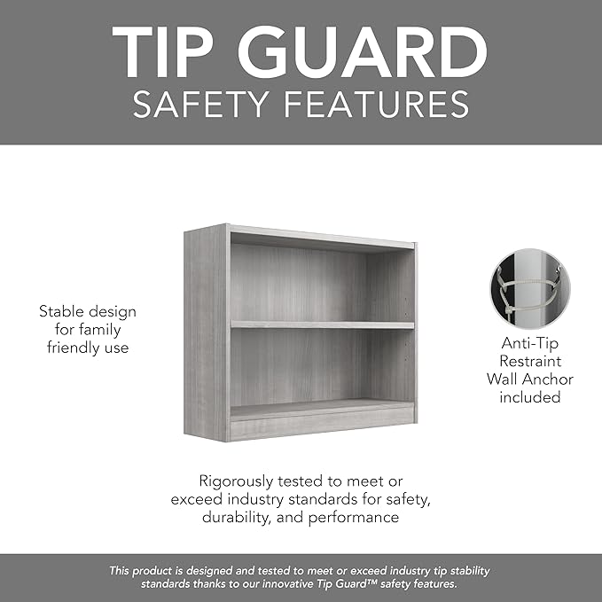 Bush Furniture Universal Small 2 Shelf Bookcase in Platinum Gray, Low Storage and Display Bookshelf for Home Office or Living Room Organization