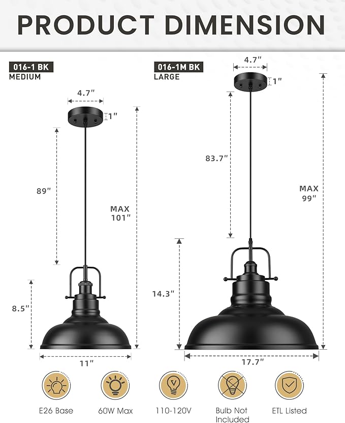 zeyu Modern Hanging Light Fixture, Kitchen Island Pendant Lights, 1-Light Adjustable Hanging Light, Matte Black Finish, 016-1M BK