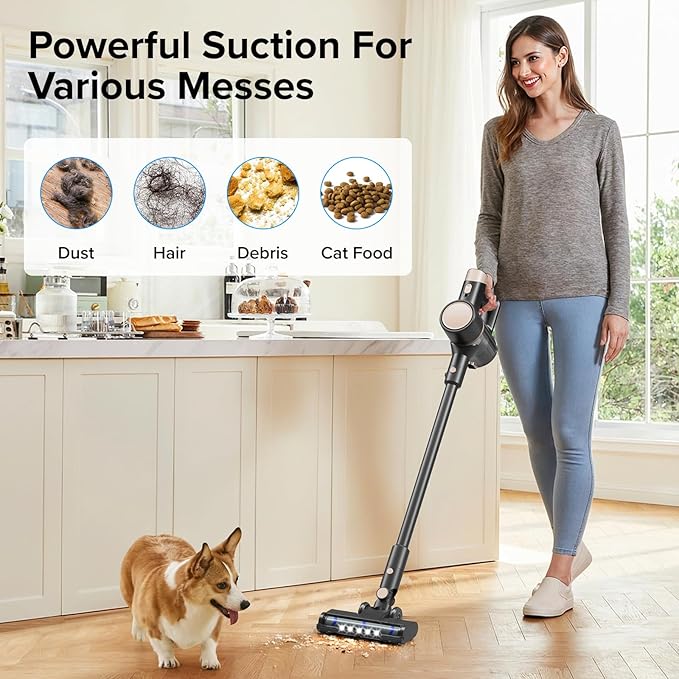 ZAFRO Cordless Vacuum Cleaner, Handheld Lightweight Stick Vacuum with LED Control Panel, 2 Cleaning Modes, Powerful Suction, Rechargeable Cordless Vacuum for Hardwood Floor, Tile, Carpet, Pet Hair