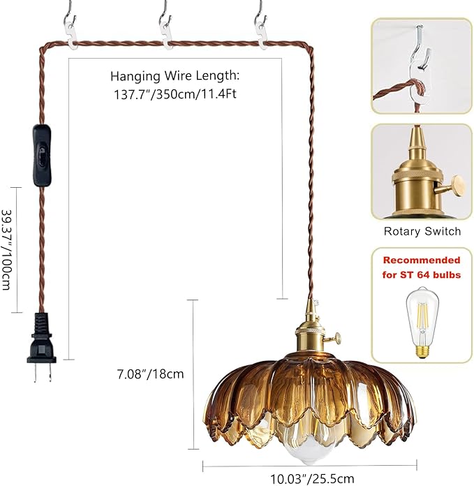 Plug in Pendant Light: Plug in Hanging Lamps 14.8ft Swag Cord with Rotating Switch, Amber Glass Hanging Lamp Fixture for Kitchen Island & Ceiling Hanging Lights