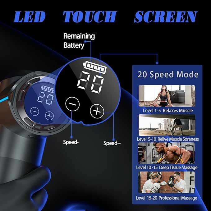 Massage Gun, Deep Tissue Massage Gun for Pain Relief, Quiet Electric Percussion Massager, Handheld Electric Muscle Massager with Carry Case 20 Speeds & LED Screen, Gift for Women/Men. Grey